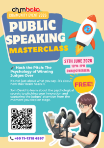 Event poster for the Chumbaka Public Speaking Masterclass. Text matches the post description. The poster features a rocket ship illustration with a number 2, an illustration of a young man with glasses sitting at a laptop speaking into two podcast microphones, a scannable QR code for registration, and a contact phone number: +60 11-1318 4897.