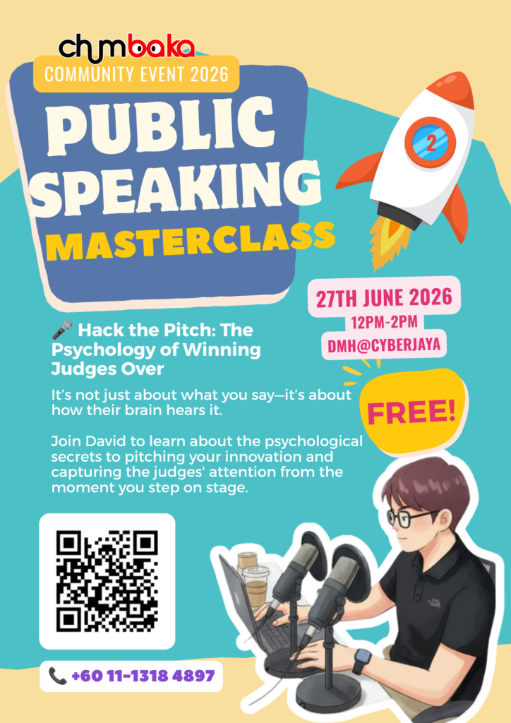 Event poster for the Chumbaka Public Speaking Masterclass. Text matches the post description. The poster features a rocket ship illustration with a number 2, an illustration of a young man with glasses sitting at a laptop speaking into two podcast microphones, a scannable QR code for registration, and a contact phone number: +60 11-1318 4897.