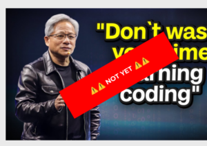Presentation slide. The top heading reads: "1. Foundations still matter" in grey, with a subheading in red: "What is the brain gym for your child?". On the left is a photo of a tech speaker in front of a screen displaying the quote, "Don't waste your time learning coding". However, a bright red diagonal banner with warning triangles is stamped over the quote, reading "NOT YET". On the right is an illustration of an ancient, bearded philosopher. A speech bubble from the philosopher reads: "We exercise our bodies not because we want to win Olympic medals, but because our bodies need to stay healthy. In the same way, we think, not just to score the highest in exams, but because our brains need the exercise to grow."