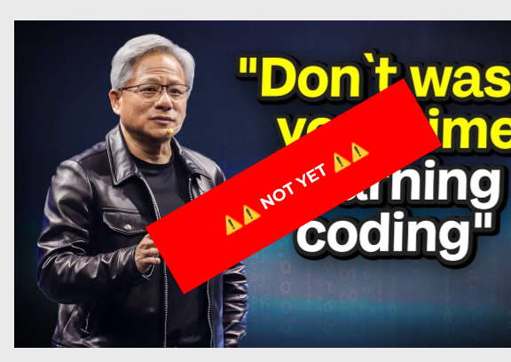 Presentation slide. The top heading reads: "1. Foundations still matter" in grey, with a subheading in red: "What is the brain gym for your child?". On the left is a photo of a tech speaker in front of a screen displaying the quote, "Don't waste your time learning coding". However, a bright red diagonal banner with warning triangles is stamped over the quote, reading "NOT YET". On the right is an illustration of an ancient, bearded philosopher. A speech bubble from the philosopher reads: "We exercise our bodies not because we want to win Olympic medals, but because our bodies need to stay healthy. In the same way, we think, not just to score the highest in exams, but because our brains need the exercise to grow."